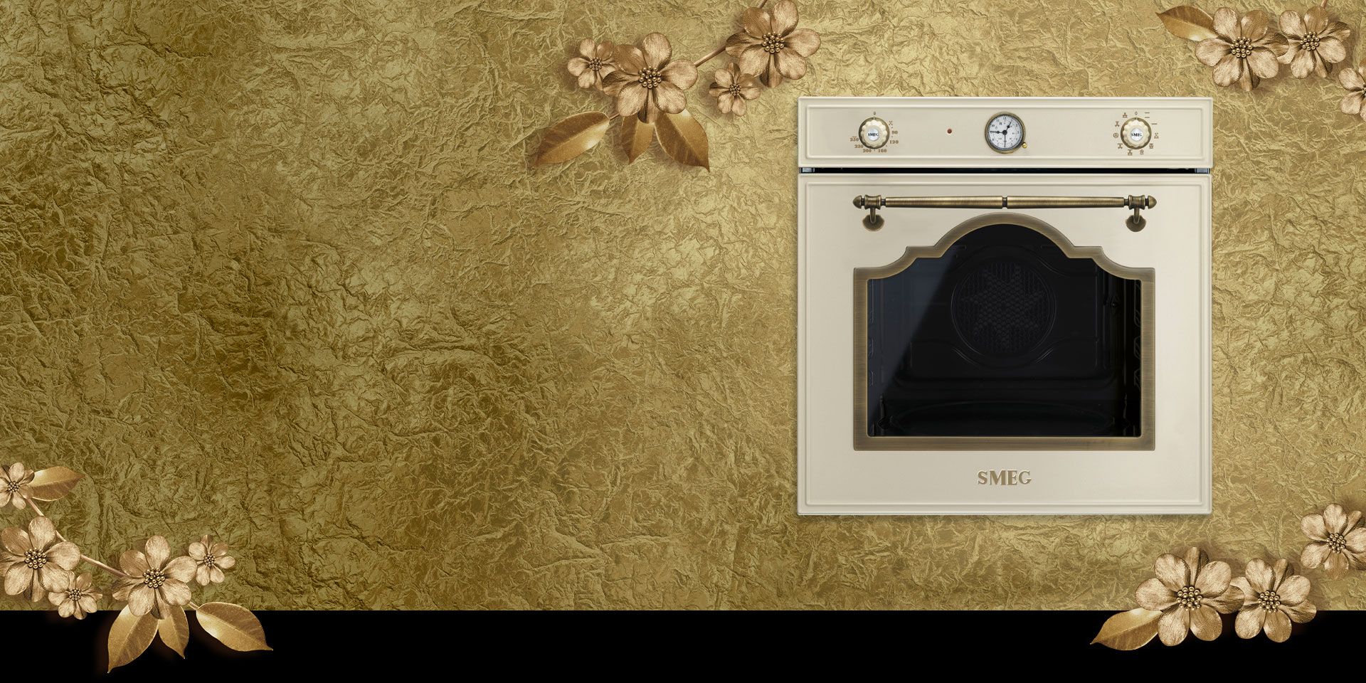 Cortina aesthetic built-in oven featuring a cream finish, classic knobs with central clock, and an arched glass door, photographed front view against a textured gold background with floral details