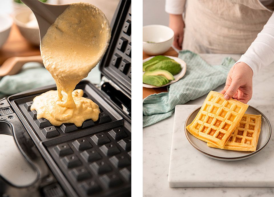 Savoury waffles with dilled creamy cheese, spring peas and avocado