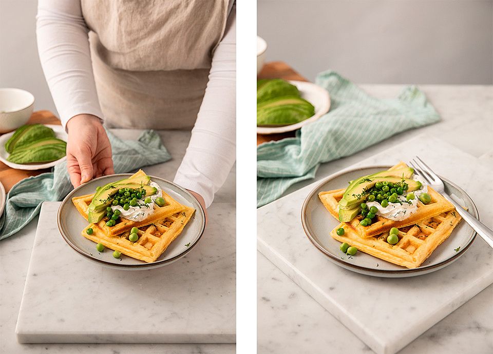 Savoury waffles with dilled creamy cheese, spring peas and avocado