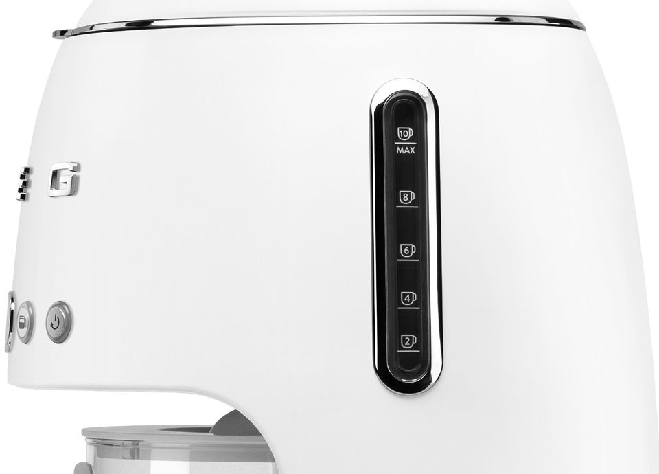 Side view of a white matt-finish coffee machine showing the water level indicator with 2 to 10 cup markings.