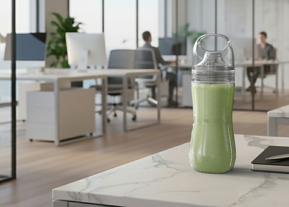 Green smoothie in a clear SMEG bottle to go on a marble desk in a modern office, with a notebook and pen nearby and people working in the background.