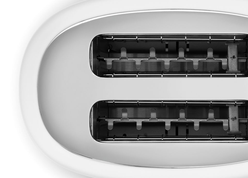 Top-down view of a white matt-finish 2-slot toaster showing the chrome-lined slots and browning control lever.