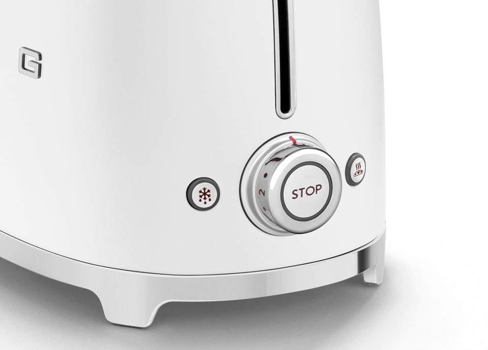 Side view of a white matt-finish toaster featuring a backlit stop button and a chrome browning level adjustment knob.