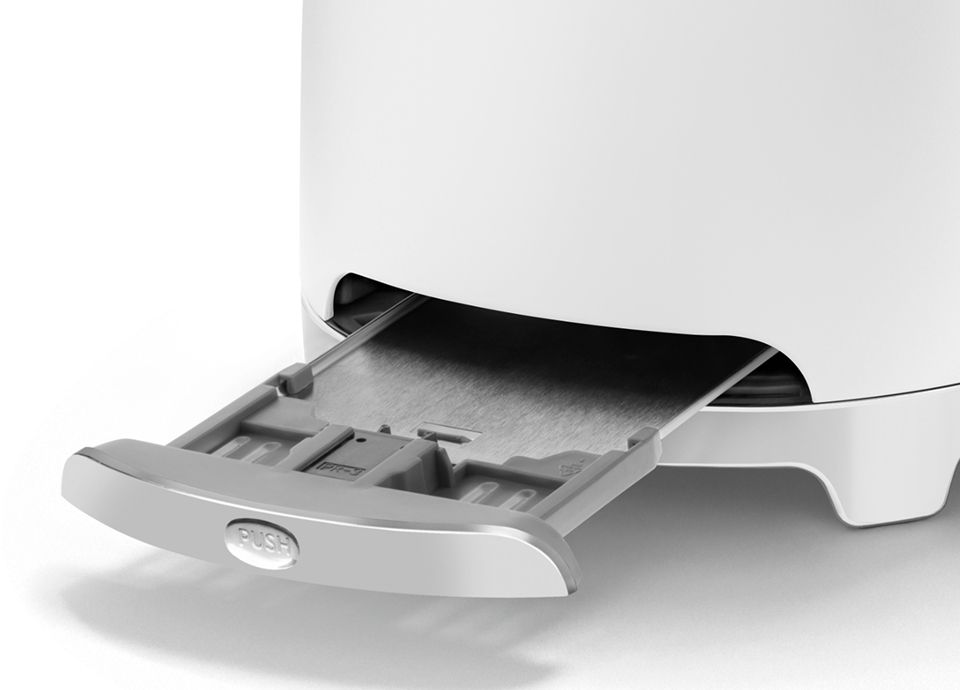 White matt toaster with removable crumb tray partially pulled out for easy cleaning