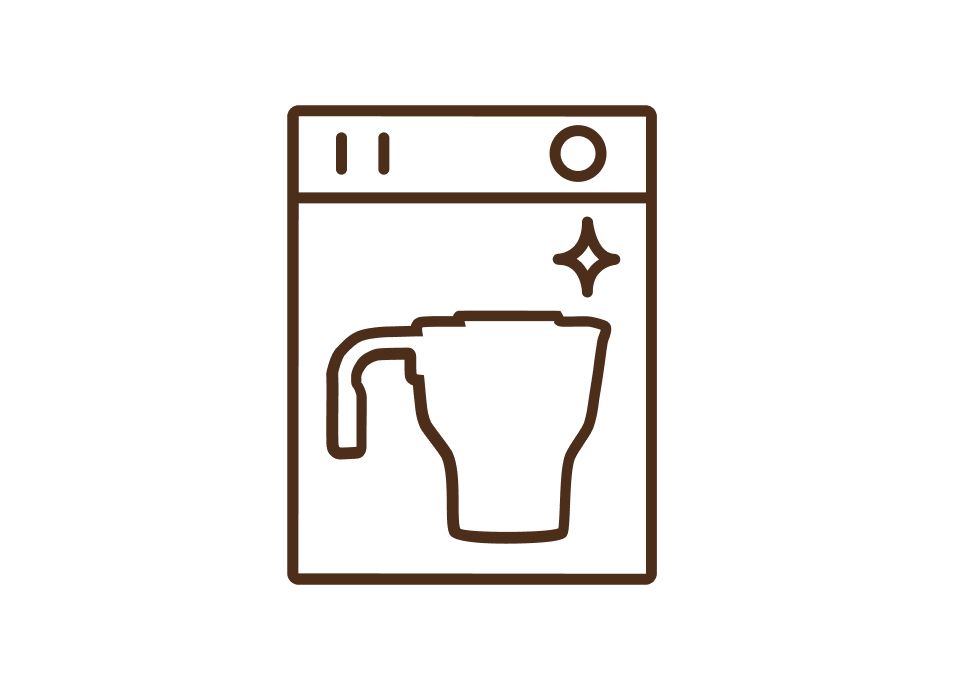 Icon of a milk frother inside a dishwasher with sparkle symbol, indicating dishwasher-safe parts.