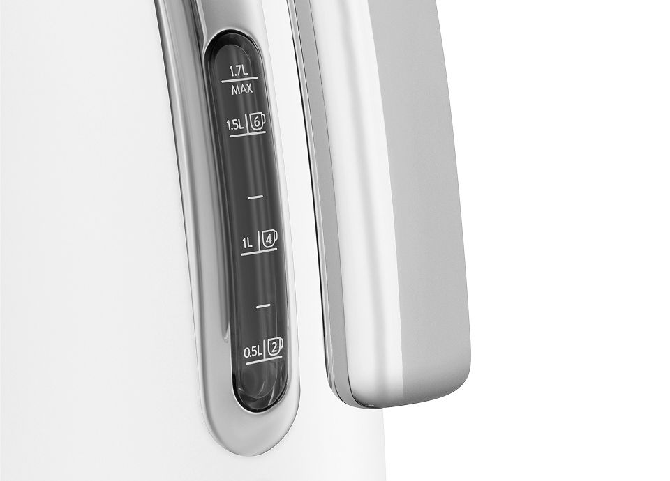 Close-up of a white matt-finish kettle's transparent water level indicator with liter and cup markings.