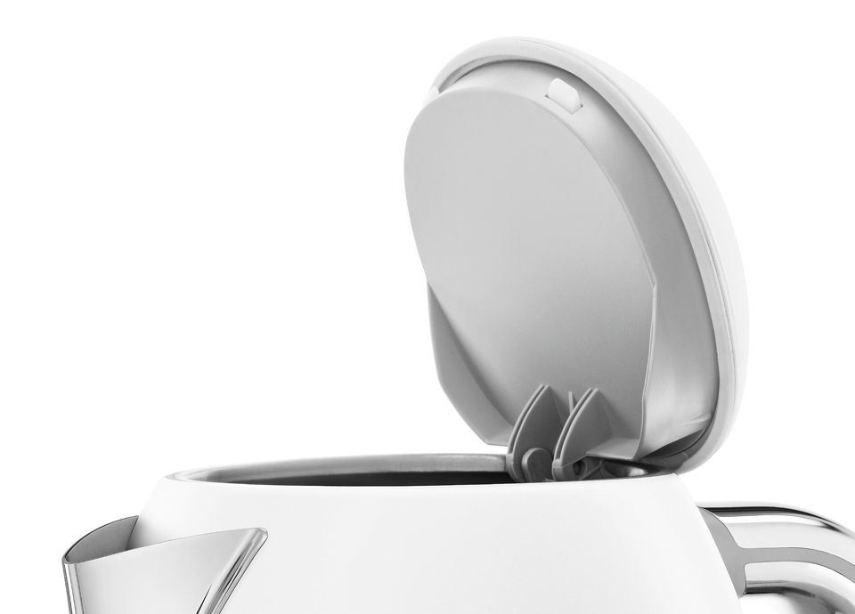 Close-up of a white matt-finish kettle with its lid open, highlighting the chrome handle and spout against a white background.