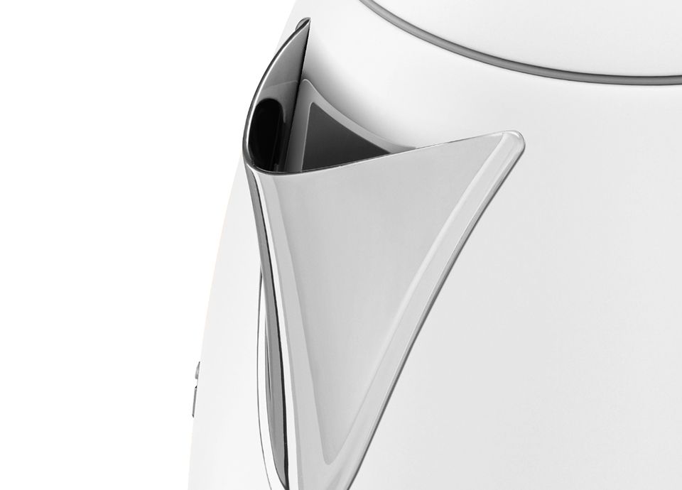Top-down view of a white matt-finish kettle featuring the chrome spout, lid button, and ergonomic handle.