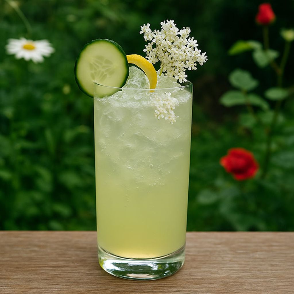 A tall glass filled with a bright yellow drink and ice, garnished with lemon and mint, surrounded by turmeric roots and turmeric powder.