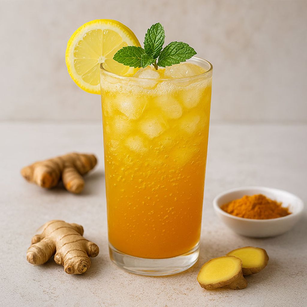 A glass containing a yellow beverage and ice, garnished with a slice of fresh ginger and a sprinkle of turmeric powder.