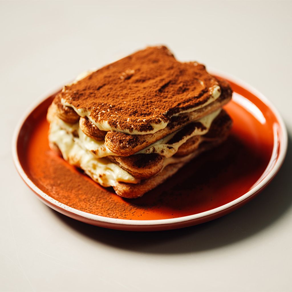 A square slice of tiramisu layered with mascarpone cream and coffee-soaked biscuits, dusted generously with cocoa powder and served on an orange plate.