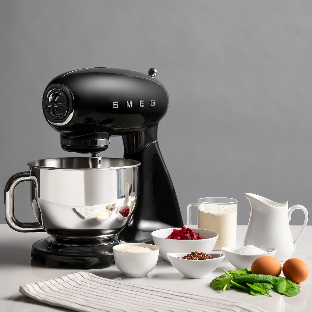 A black Smeg stand mixer on a counter surrounded by bowls of flour, beetroots, spinach, and spices.