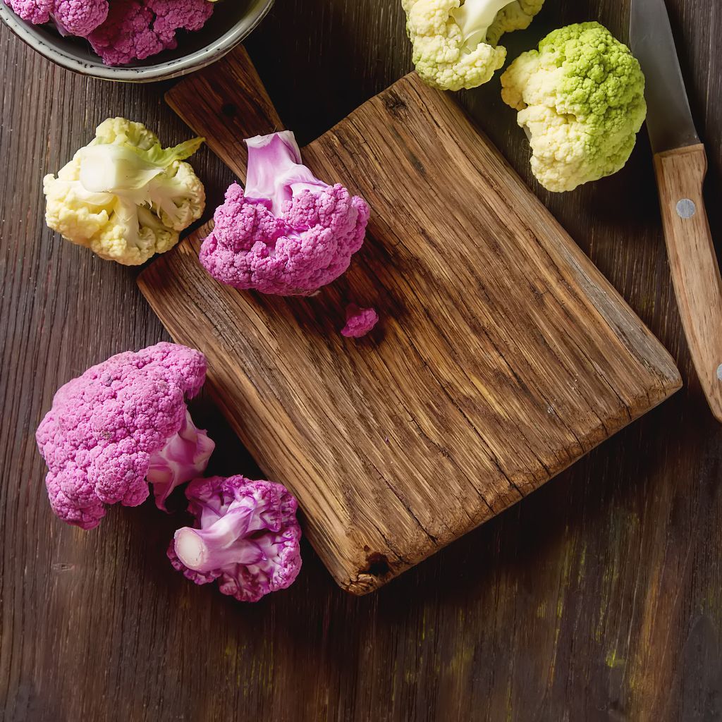 Purple, green, and white cauliflower florets on a wooden cutting board with a knife on a dark wood table.