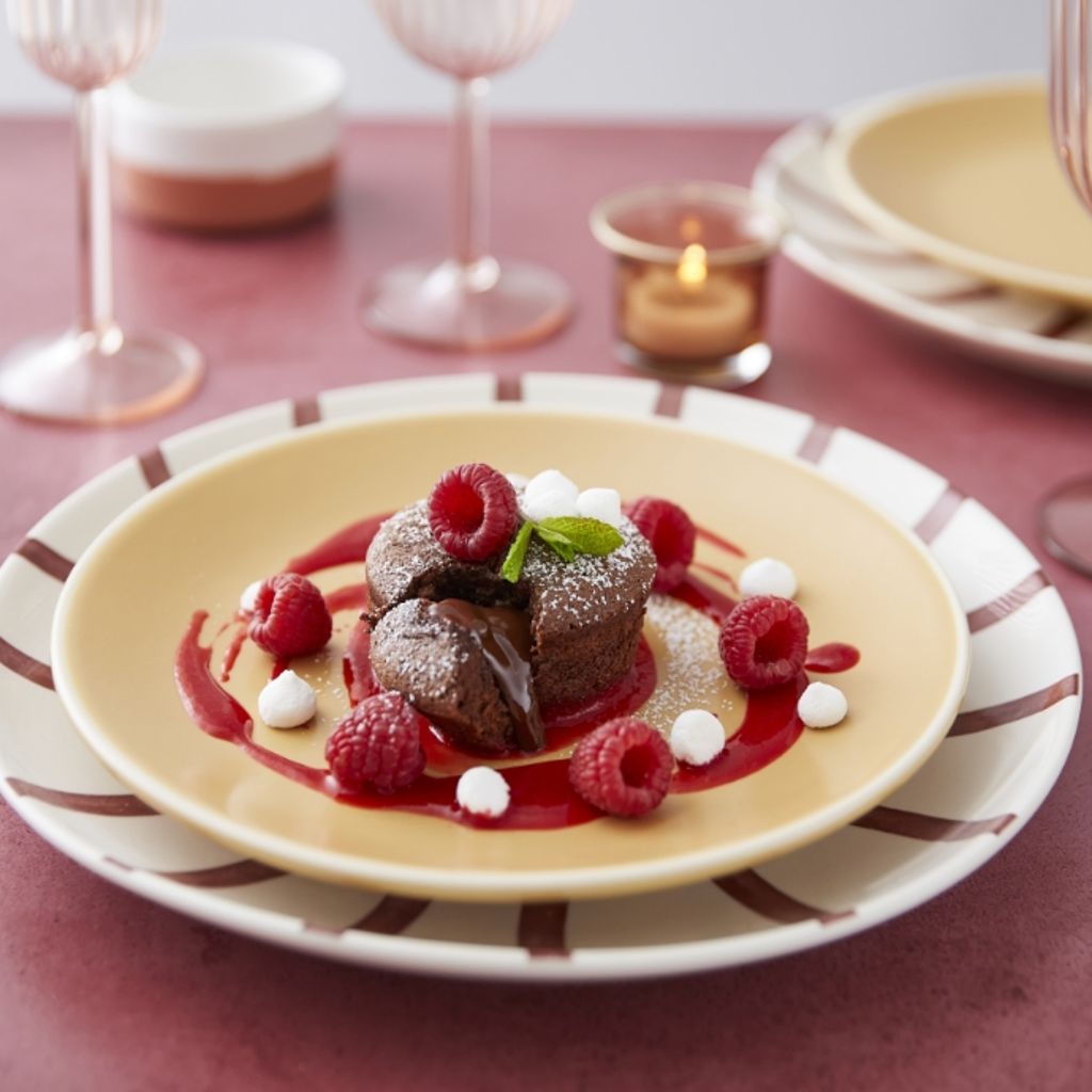 Molten chocolate cake with oozing center, raspberries, and coulis on a plate with candles and wine glasses.