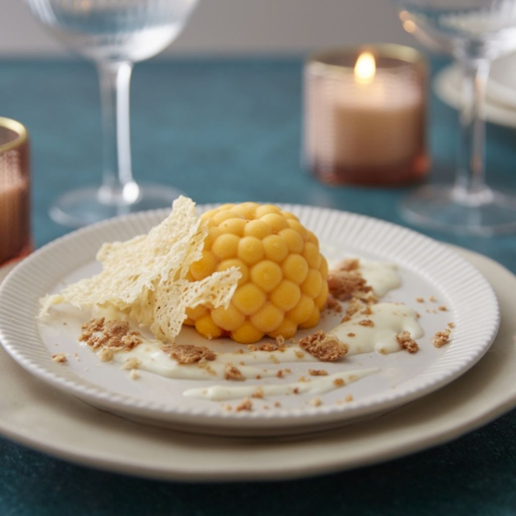 A domed pumpkin flan served with creamy parmesan sauce, crispy chips, and crushed amaretto on a white plate.