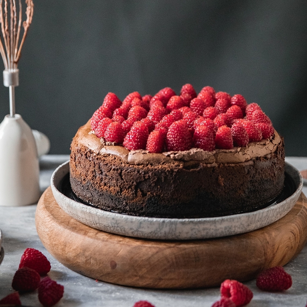 Rich chocolate cheesecake topped with salted ganache and fresh red raspberries, served on a wooden cake stand.