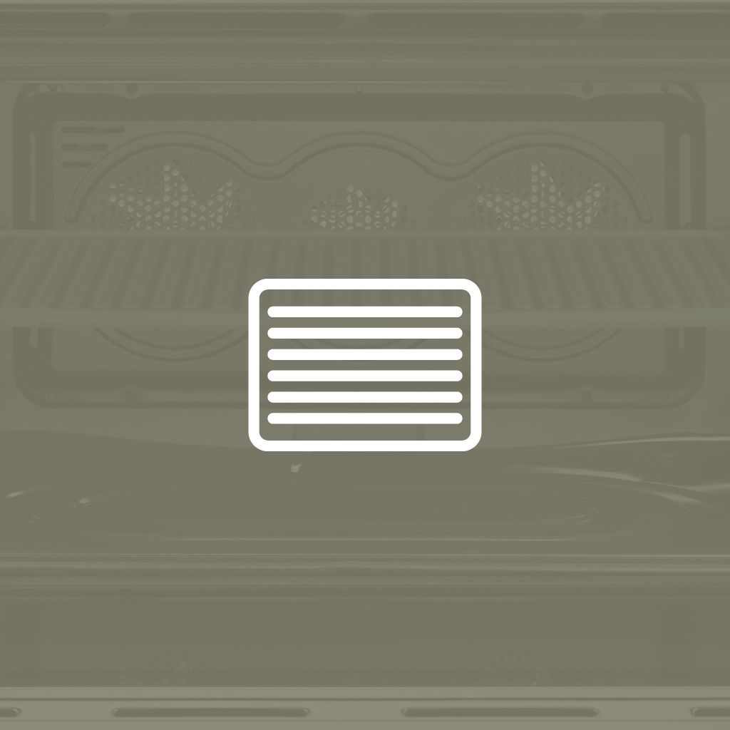 Oven interior with barbecue function icon representing grill cooking for evenly browned and crispy results