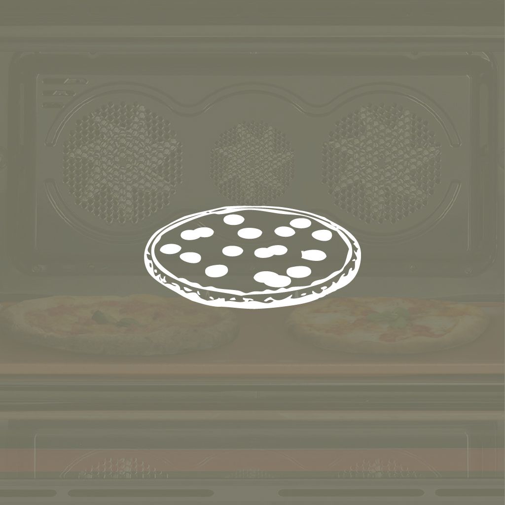 Oven interior with fan-assisted cooking system and pizza icon indicating even heat distribution for baking pizza
