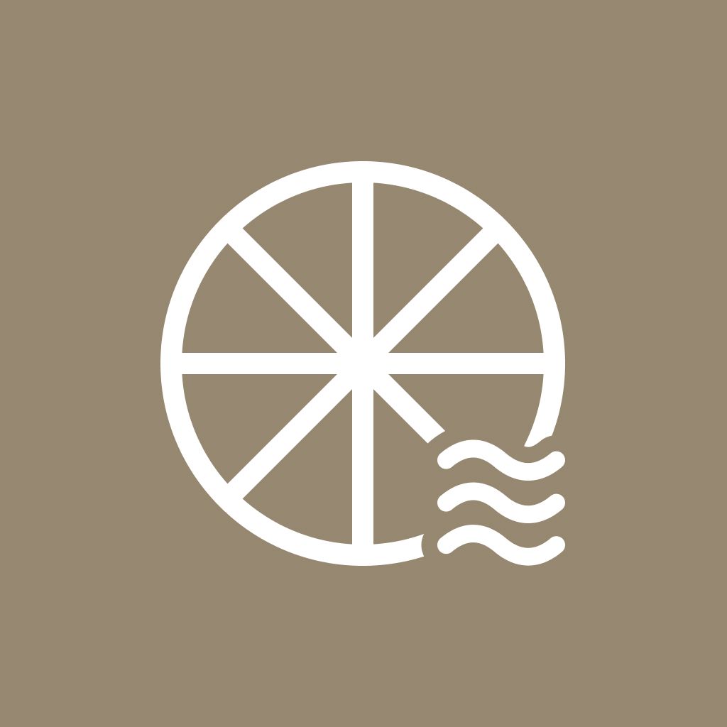 A white circle divided into eight segments with a small wave symbol at the bottom right, on a tan background.
