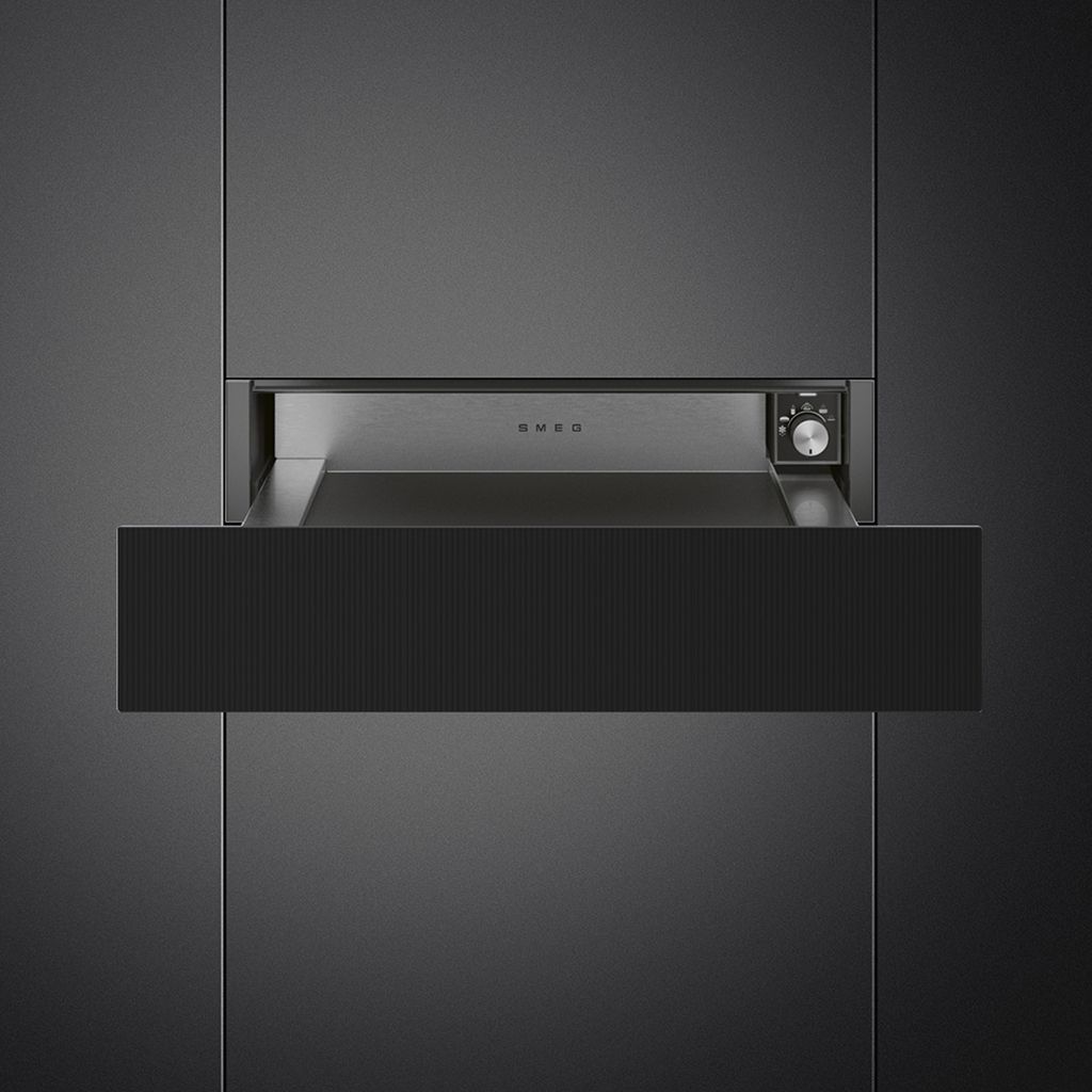 front-facing view of a Musa warming drawer crafted in black glass and set against a dark, minimalist background.