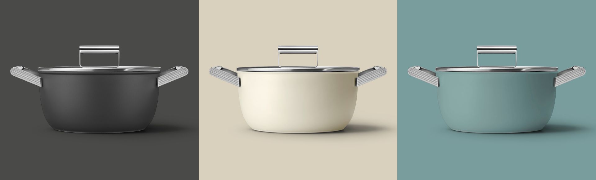 A graphic composition showing three saucepans. The colors of the pans are, from left to right, black, cream and emerald green.